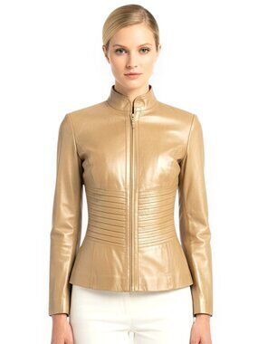 St. John Sport 100% Leather Pearl Metallic Gold Tan Zip Front Jacket P Petite